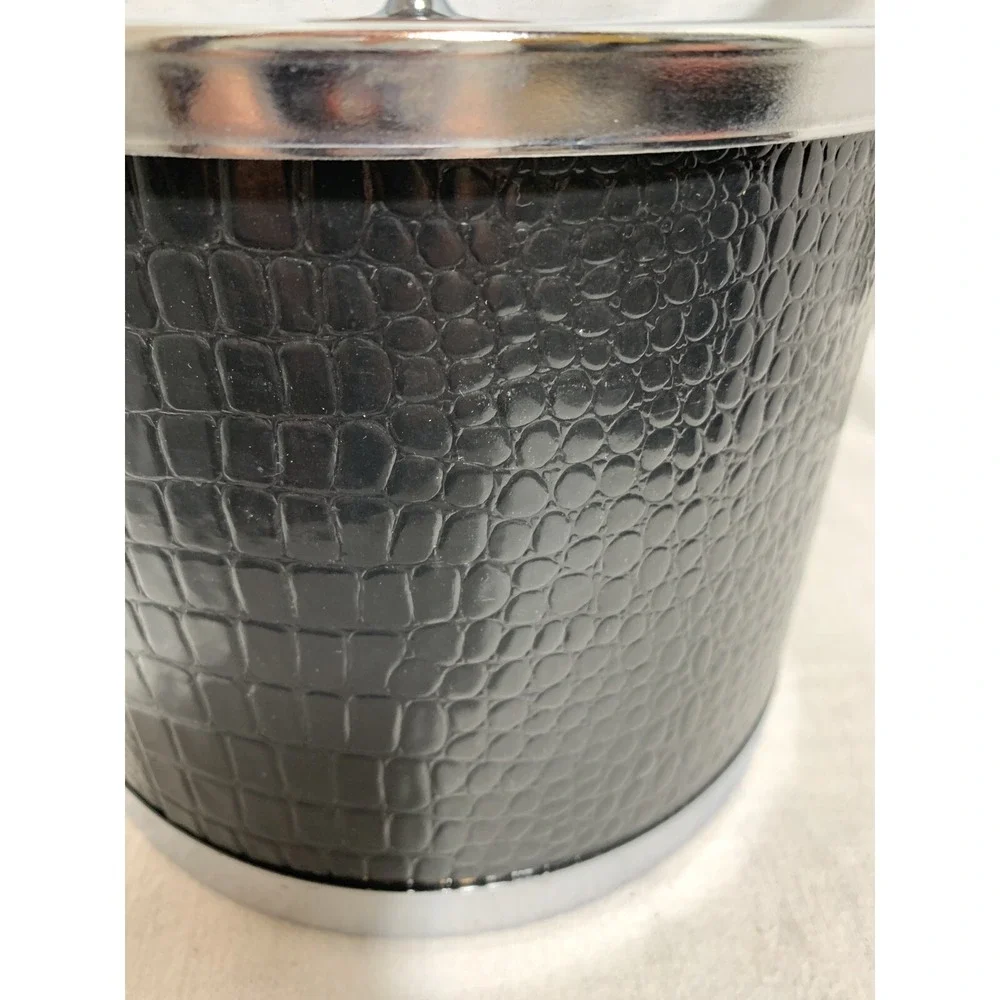 Atapco Ice Bucket Alligator Faux Black Leather Chrome Lid Wooden handle Vintage